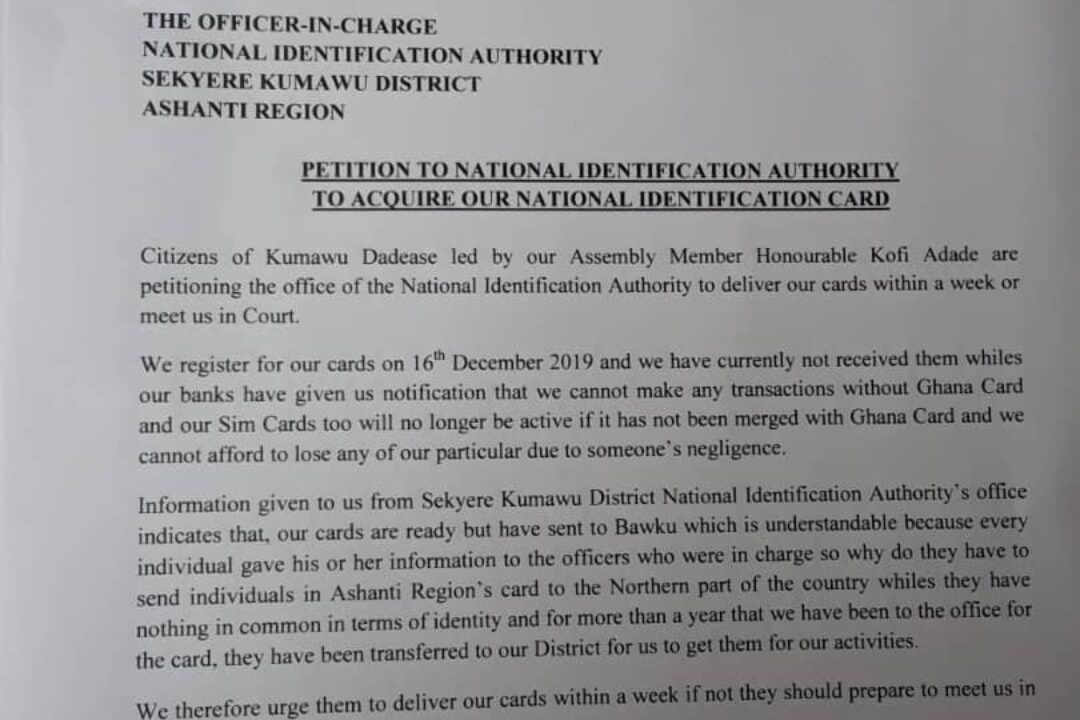 SEKYERE KUMAWU-DADEASE RESIDENTS PETITION NIA OVER DELAY RELEASE OF CARDS