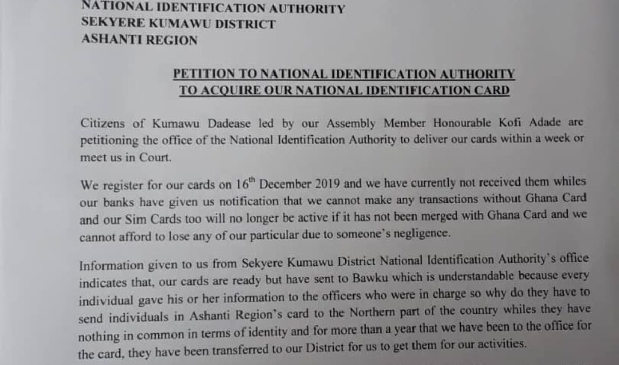 SEKYERE KUMAWU-DADEASE RESIDENTS PETITION NIA OVER DELAY RELEASE OF CARDS