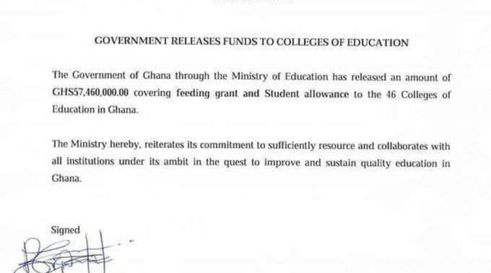 Gov’t releases Funds to Colleges of Education