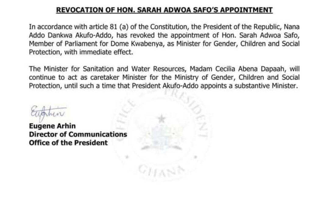 Just in! Akufo-Addo sacks Adwoa Safo at long last!