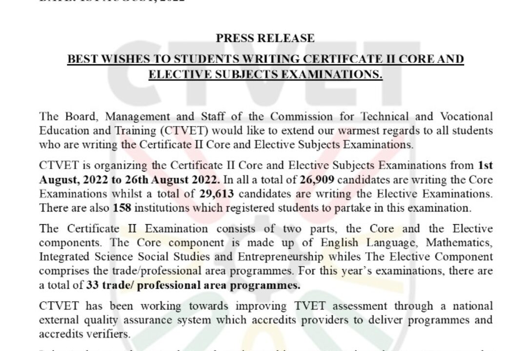 CTVET SENDS BEST WISHES TO STUDENTS WRITING CERTIFCATE II CORE AND ELECTIVE SUBJECTS EXAMINATIONS