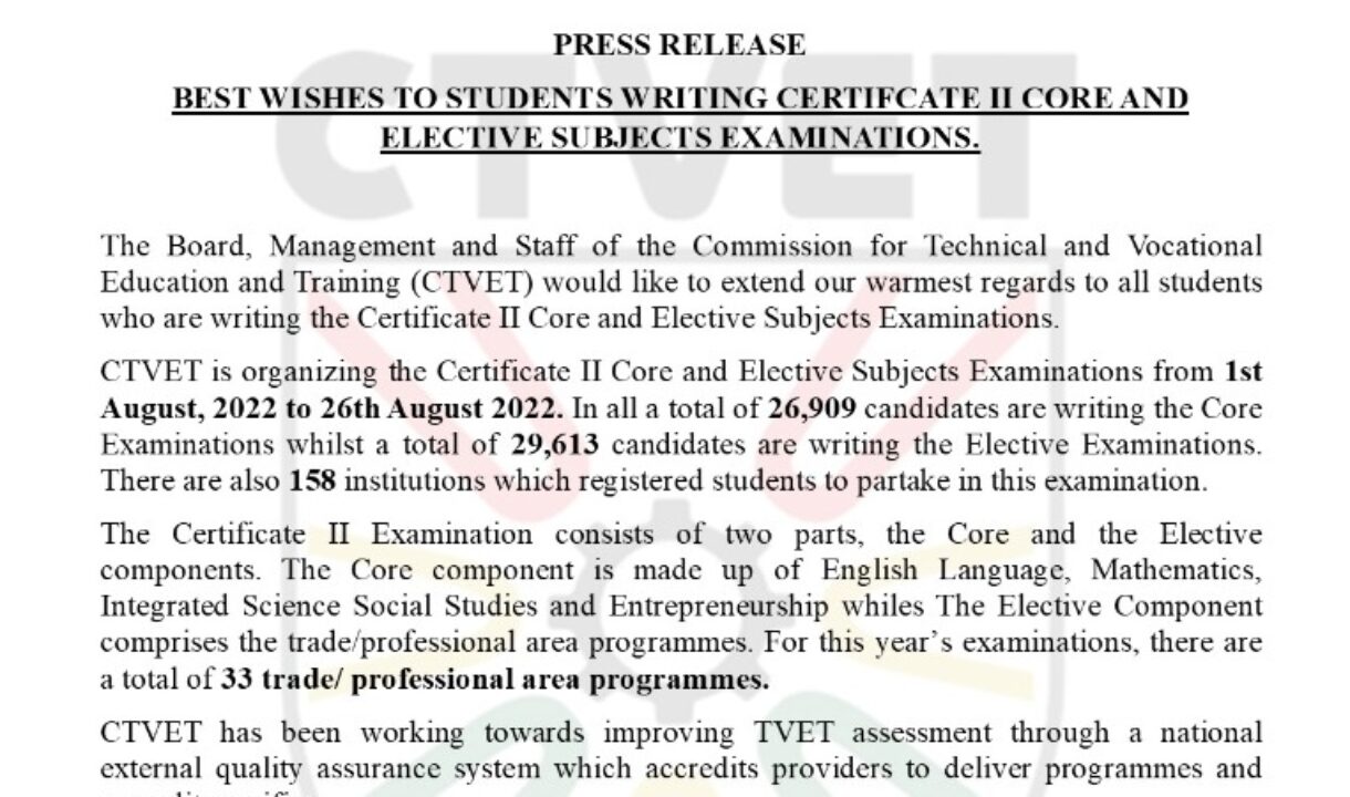 CTVET SENDS BEST WISHES TO STUDENTS WRITING CERTIFCATE II CORE AND ELECTIVE SUBJECTS EXAMINATIONS
