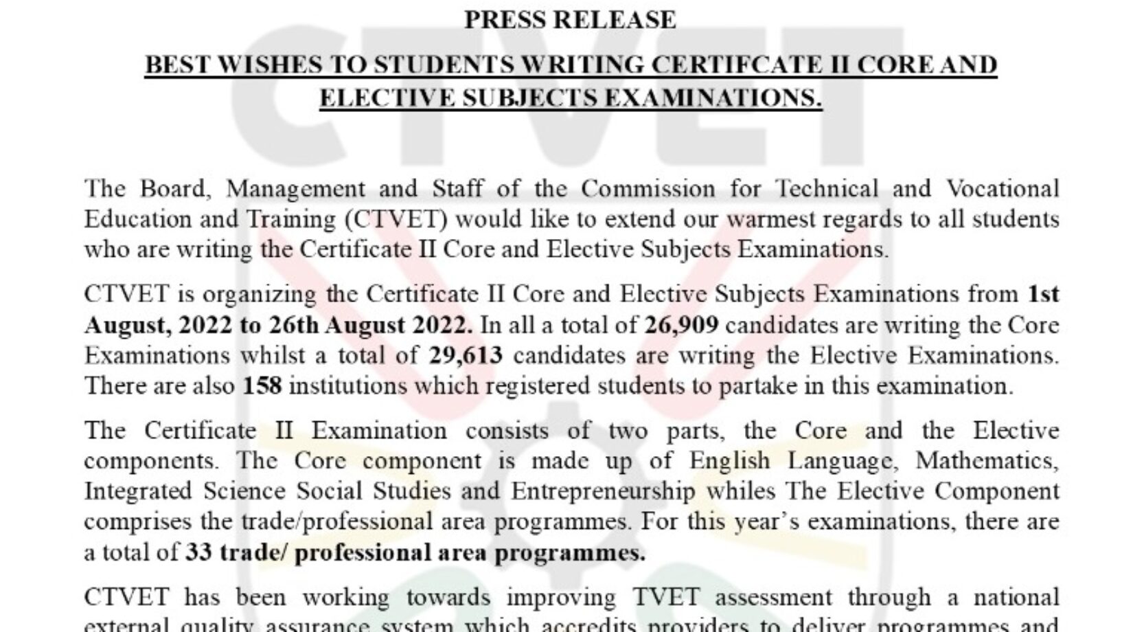 CTVET SENDS BEST WISHES TO STUDENTS WRITING CERTIFCATE II CORE AND ELECTIVE SUBJECTS EXAMINATIONS