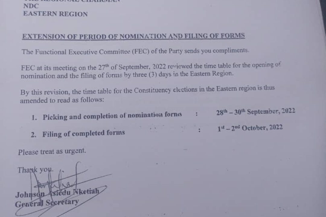 NDC on Extension of Period of Nomination and Filing of forms for Eastern region