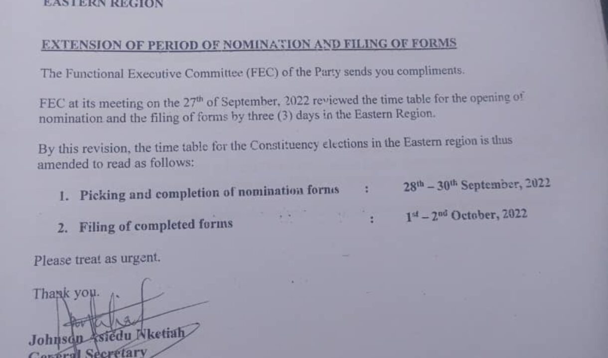 NDC on Extension of Period of Nomination and Filing of forms for Eastern region