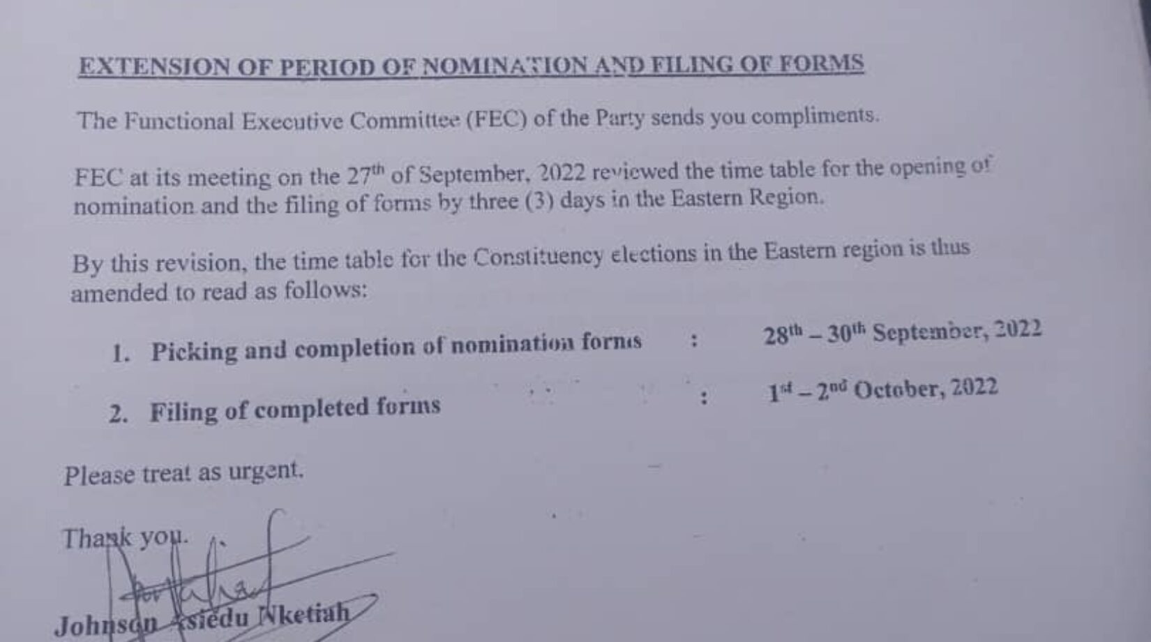 NDC on Extension of Period of Nomination and Filing of forms for Eastern region