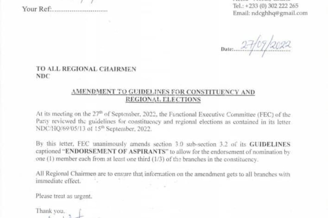 Just in:NDC ANNOUNCES AMENDMENT TO GUIDELINES FOR CONSTITUENCY, REGIONAL ELECTIONS