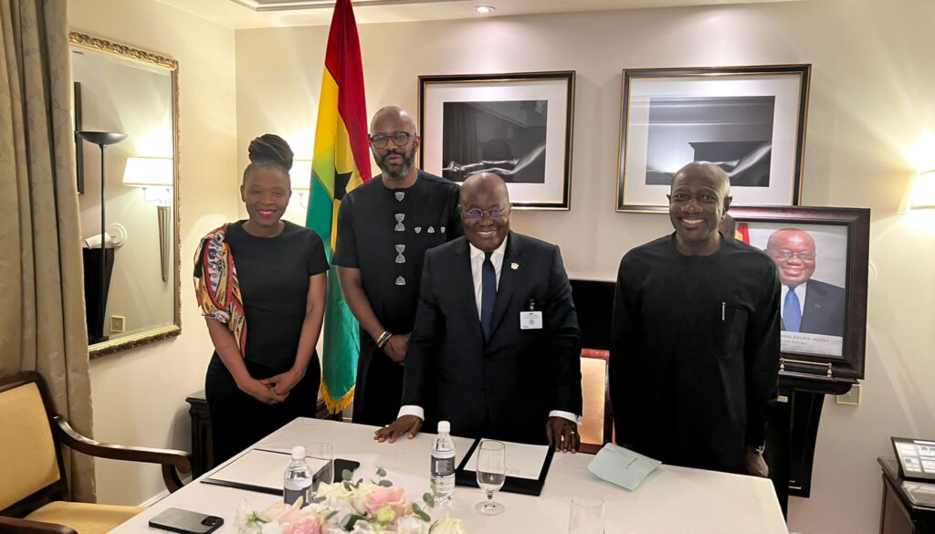 L-R Chief Sustainability and Corporate Affairs Officer-Nompilo Morafo-MTN Group Pres.and CEO Ralph Mupita, President Akufo Addo-Snr Vice President for Markets Ebenezer Asante