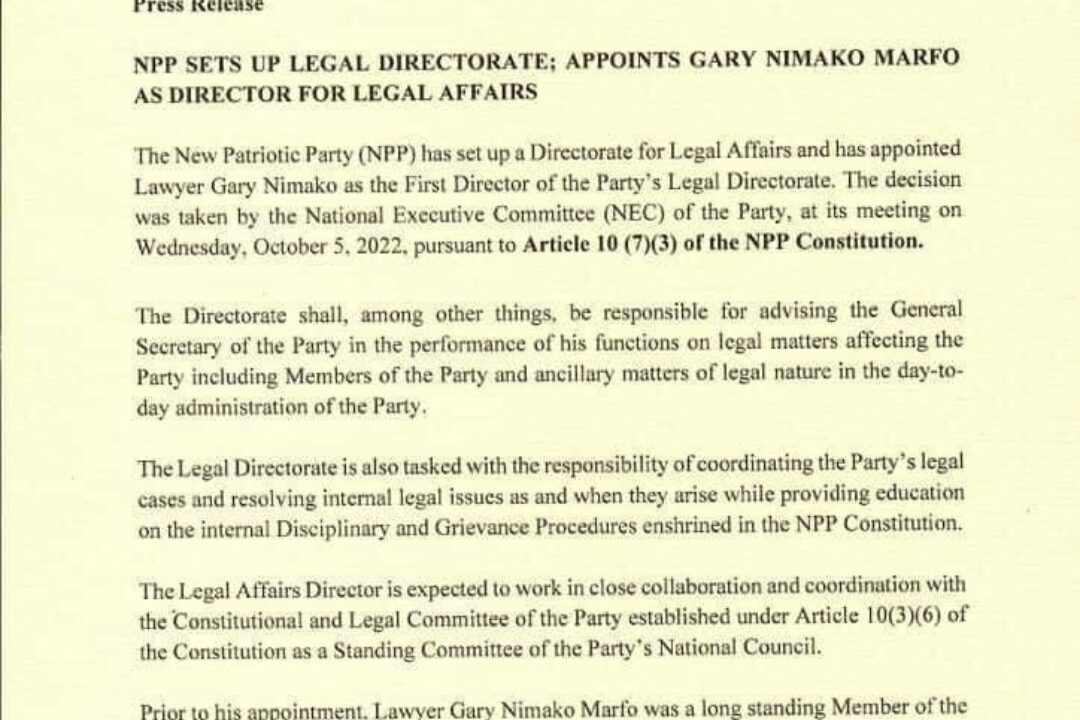 NPP sets up Legal Directorate;appoints Gary Nimako Marto as Director for Legal Affairs