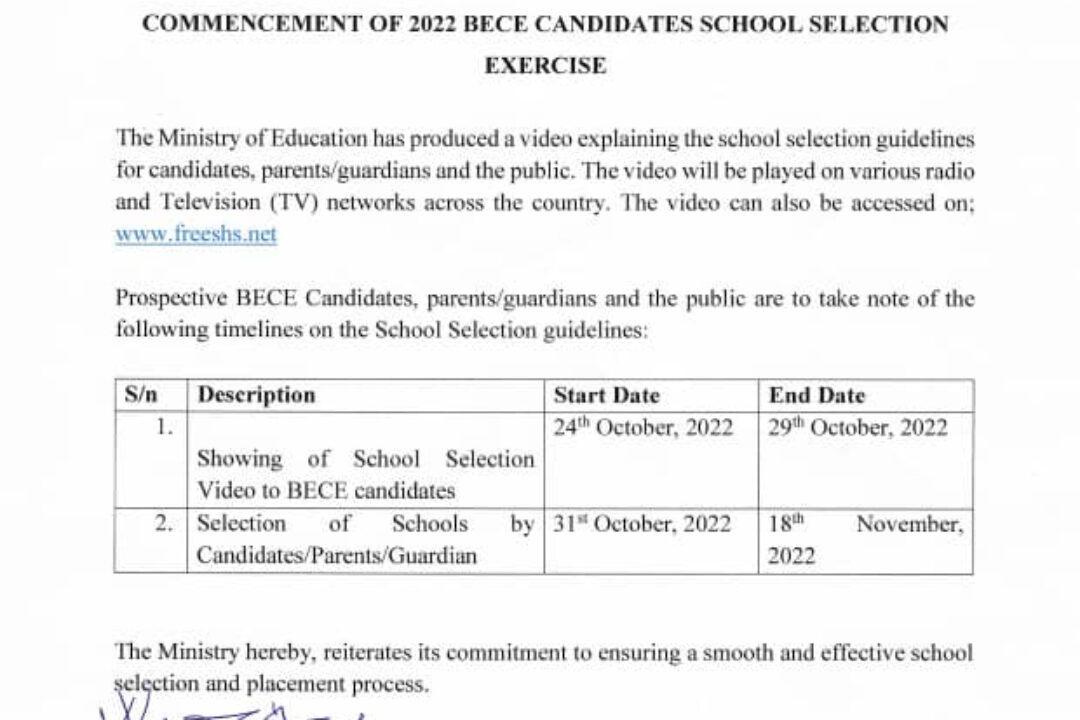 EDUCATION MINISTRY ANNOUNCES SCHOOL SELECTION GUIDELINES FOR BECE CANDIDATES AND PARENTS