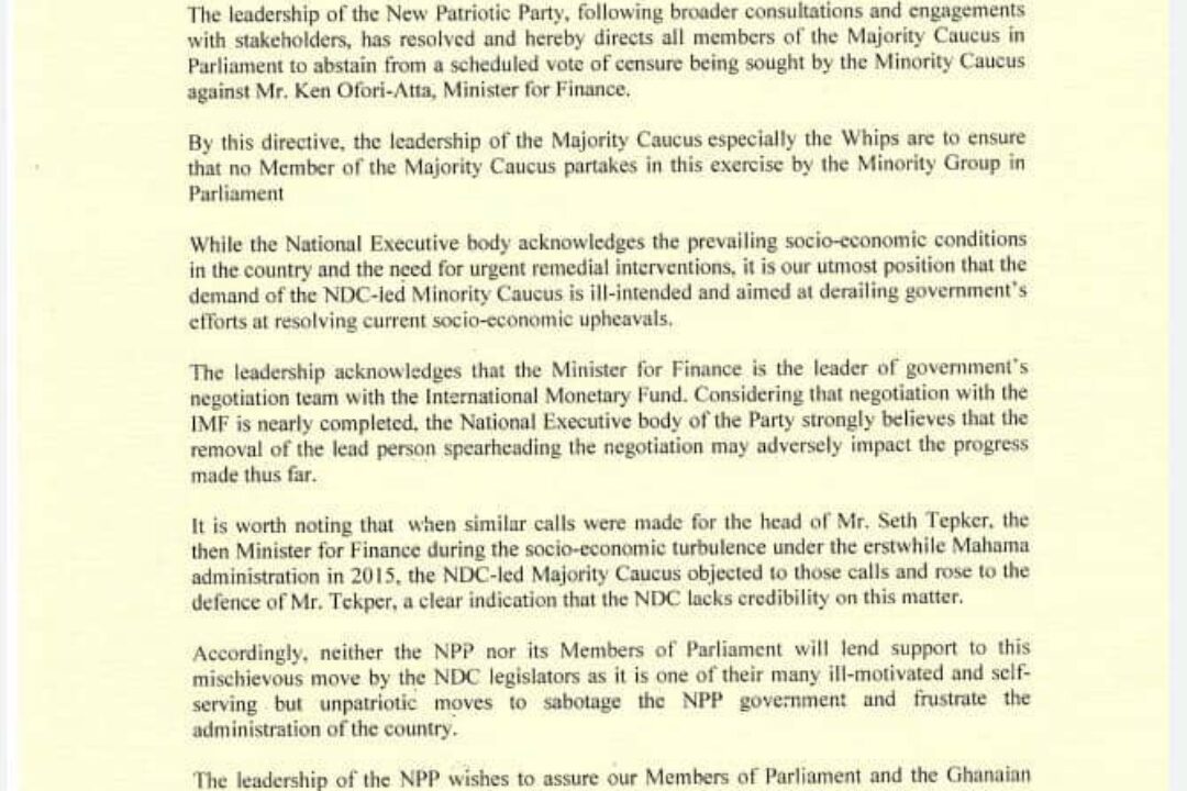 ABSTAIN FROM VOTE OF CENSURE AGAINST MINISTER FOR FINANCE-NPP tells Majority members