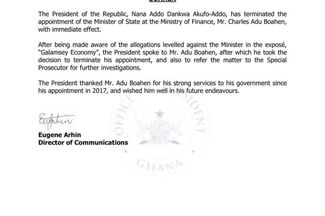 Just in: AKUFO-ADDO SACKS MINISTER OVER ANAS’ VIDEO ON GALAMSEY