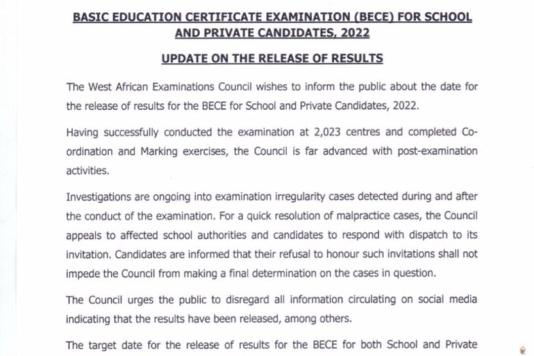 Official!WAEC TO RELEASE BECE RESULTS ON WEDNESDAY 25