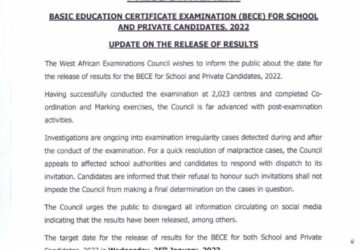 Official!WAEC TO RELEASE BECE RESULTS ON WEDNESDAY 25