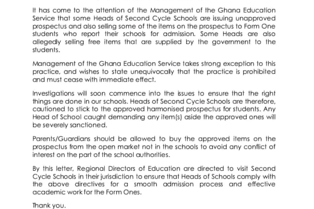 JUST IN:GES to commence investigations into sale of unauthorized items to Form One students on campuses