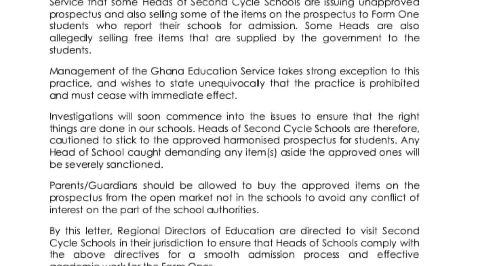 JUST IN:GES to commence investigations into sale of unauthorized items to Form One students on campuses