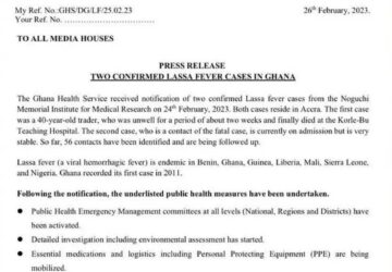 GHS REVEALS:2 Cases Of Lassa Fever Confirmed In Ghana; One Person Dead