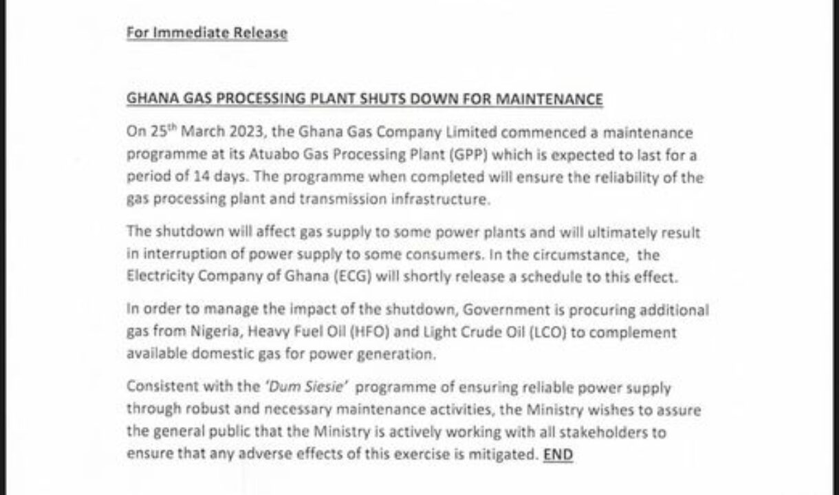 ‘DUMSOR’ LOOMS…as Ghana Gas processing plant shuts down for maintenance
