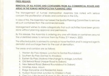 KMA orders removal of Kiosks,Containers from all commercial roads within CBD by March 31