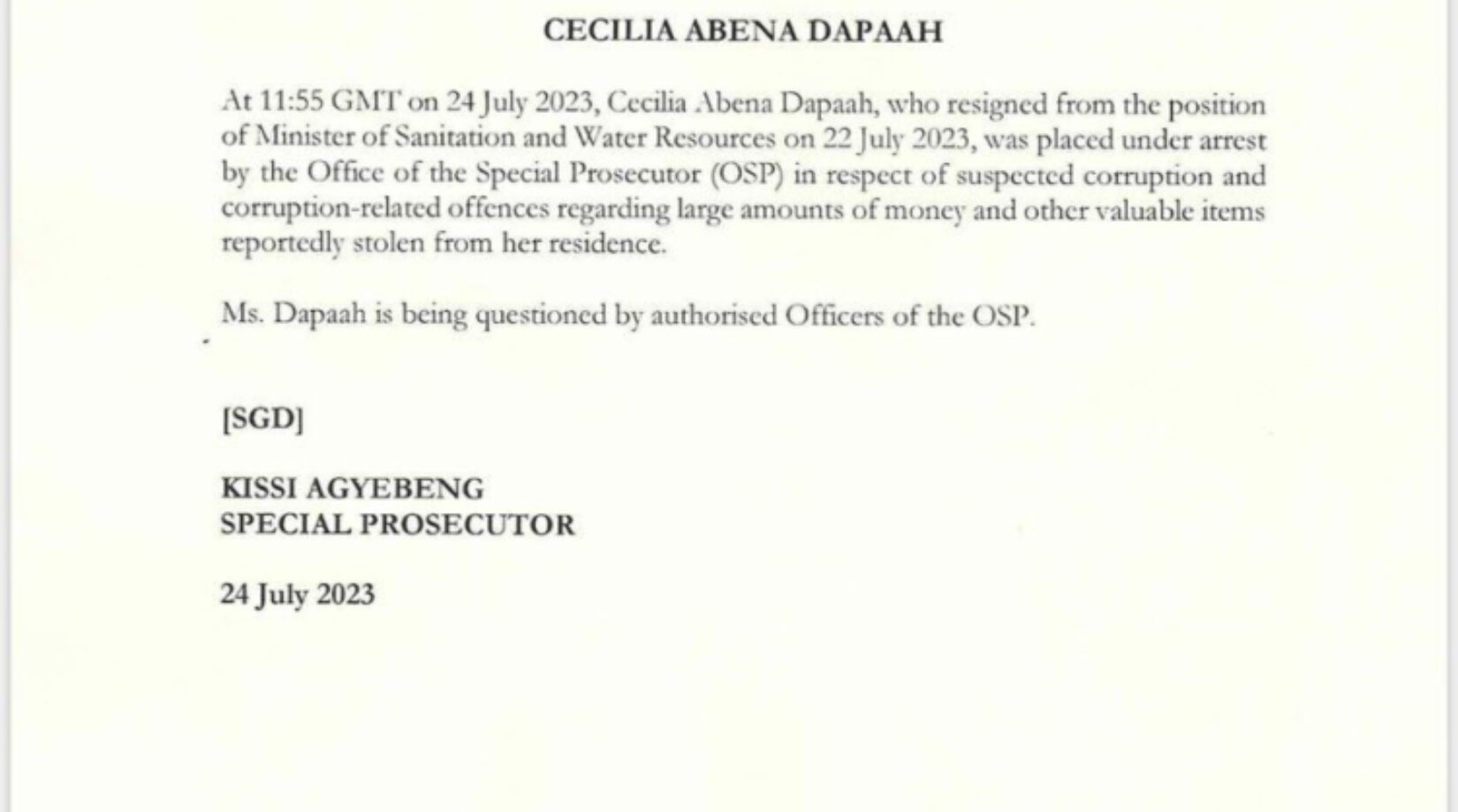OSP arrests, questions Hon. Cecilia Dapaah over stolen ‘huge’ cash