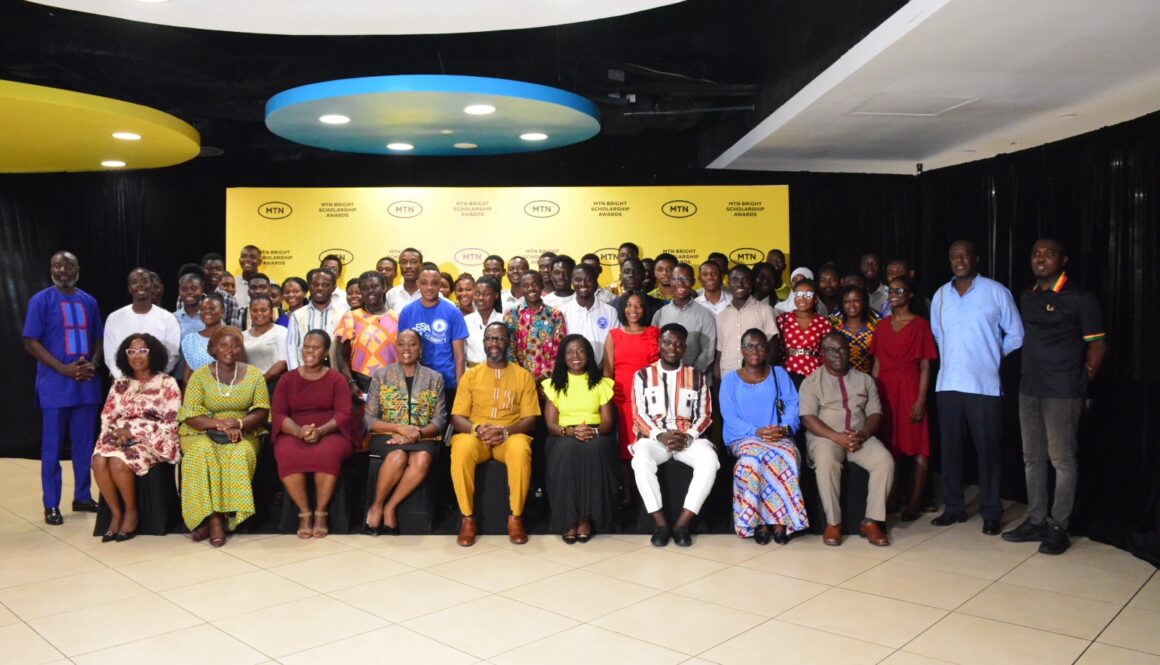 A group picture of the CEO of MTN Ghana, dignitaries and some beneficiaries of the MTN Bright Scholarship
