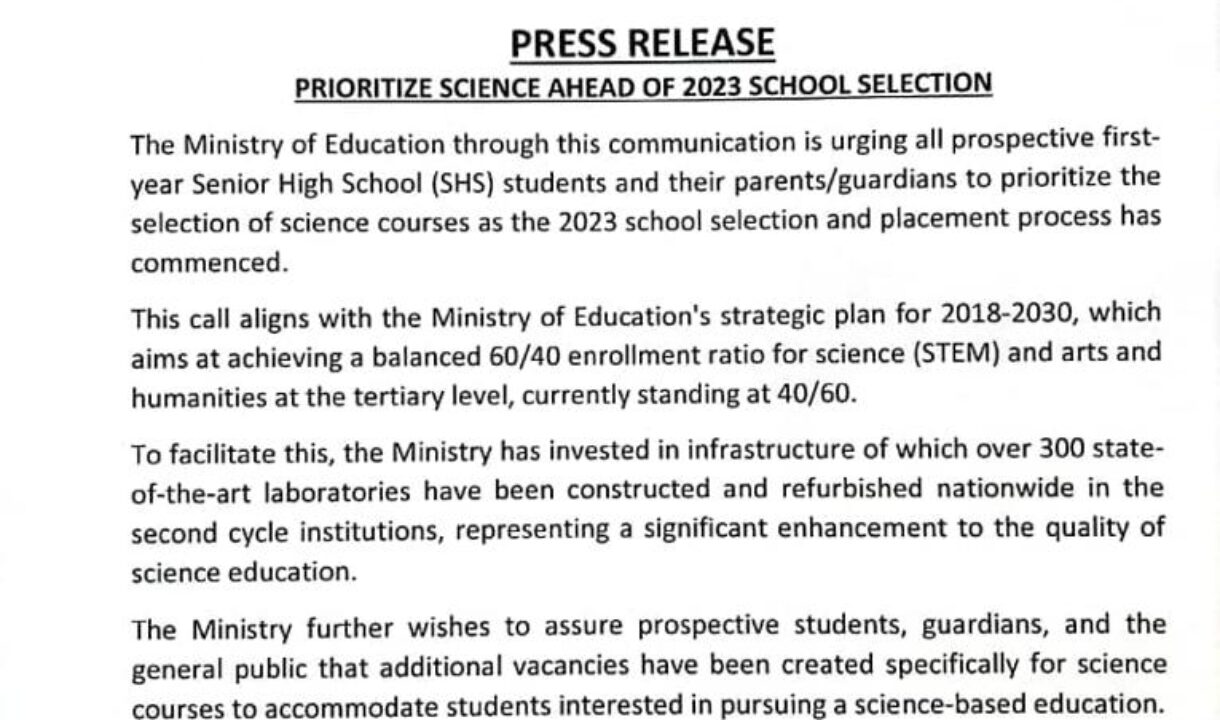 EDUCATION MINISTRY URGES STUDENTS TO PRIORITIZE SCIENCE AHEAD OF 2023 SCHOOL SELECTION