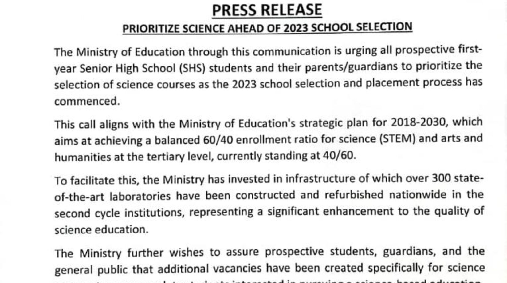 EDUCATION MINISTRY URGES STUDENTS TO PRIORITIZE SCIENCE AHEAD OF 2023 SCHOOL SELECTION