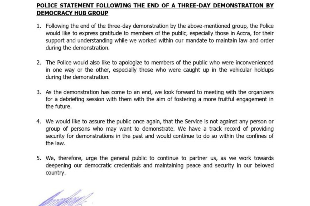 Ghana Police Service Renders unqualified Apology to Organizers of Democracy Hub Group