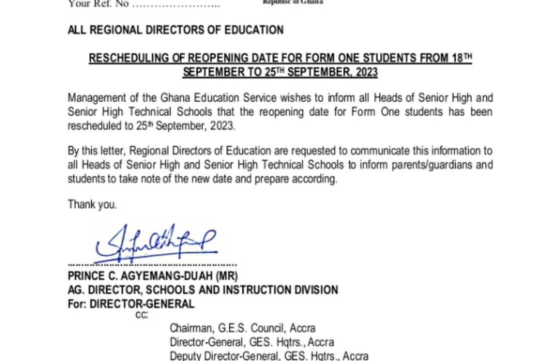 JUST IN:GES reschedules Form 1 students reopening date to Sept. 25