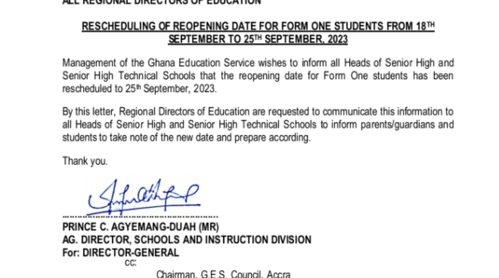 JUST IN:GES reschedules Form 1 students reopening date to Sept. 25
