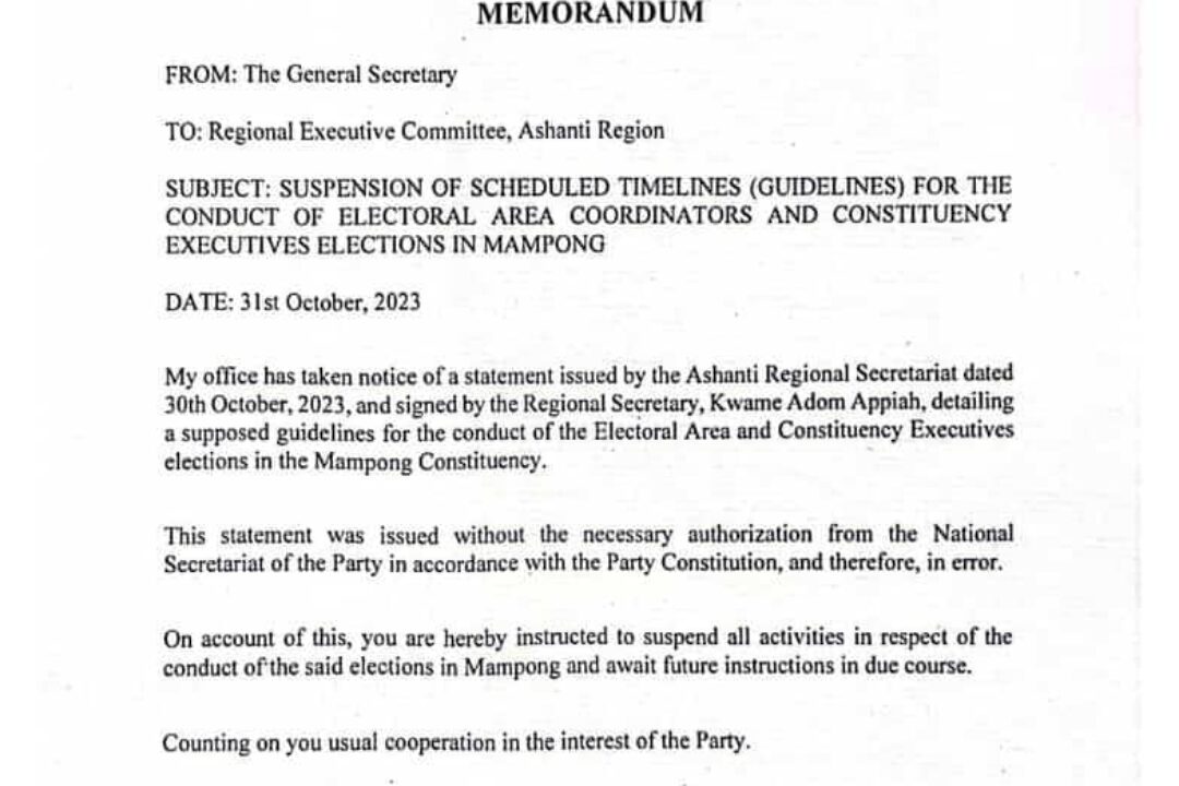 NPP Suspends Mampong Electoral Areas,Constituency Executives Election ahead of Nov.4