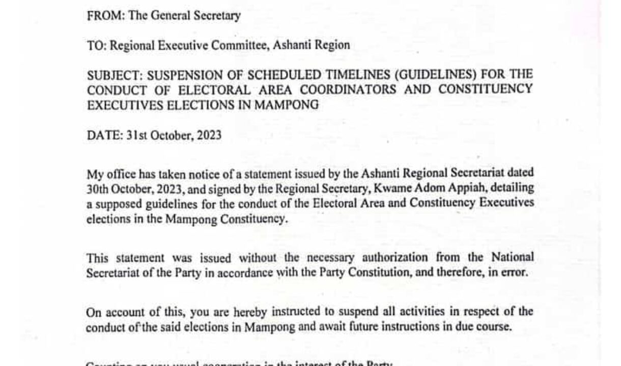 NPP Suspends Mampong  Electoral Areas,Constituency Executives Election ahead of Nov.4