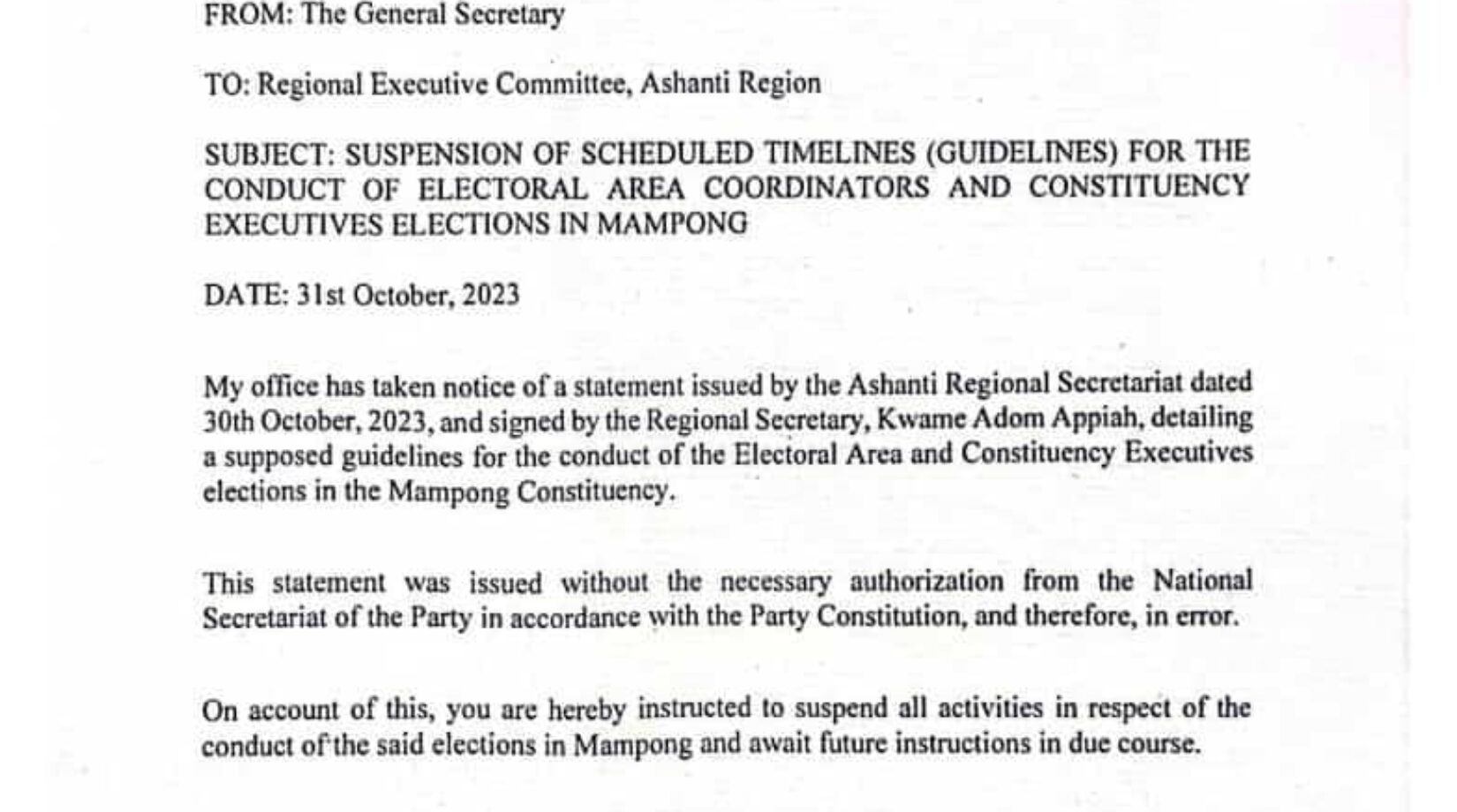 NPP Suspends Mampong Electoral Areas,Constituency Executives Election ahead of Nov.4
