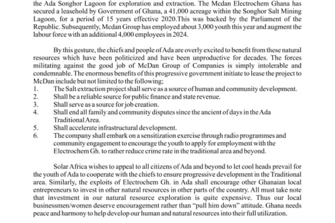 Solar Africa to Ada Youth:Let Cool Heads Prevail