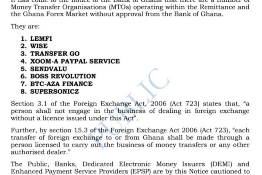 BoG Warns Public against 8 unapproved money transfer Organisations