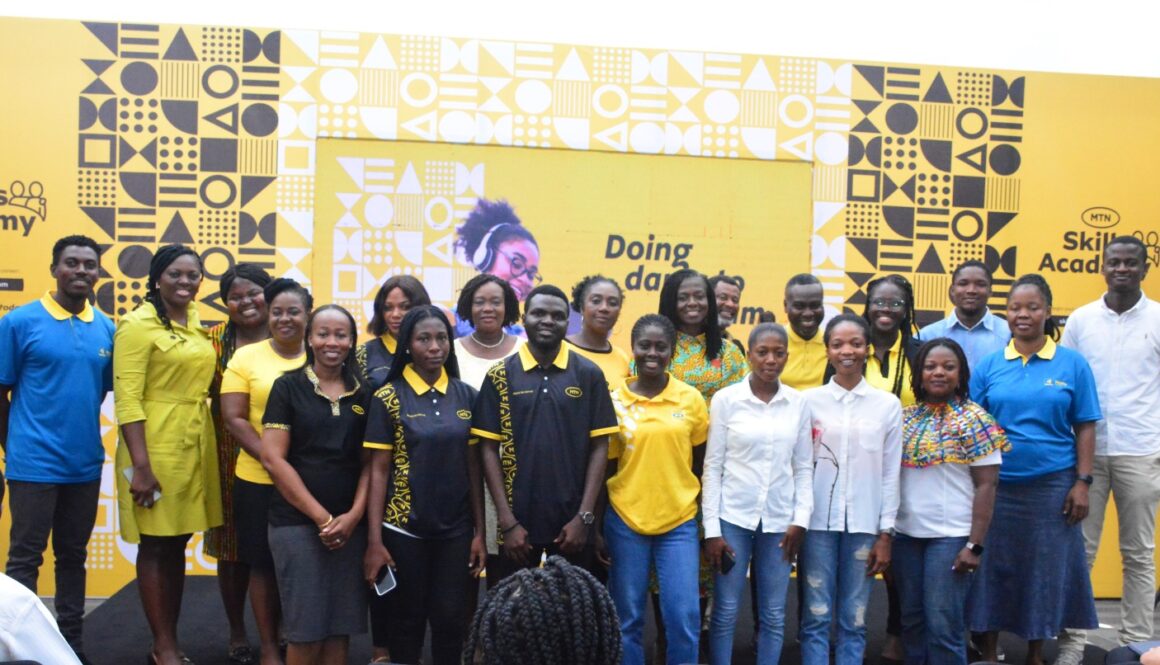 A group picture of Adwoa Wiafe, Chief Corporate Services and Sustainability Officer, staff, Partners and MTN Bright Scholars at the launch