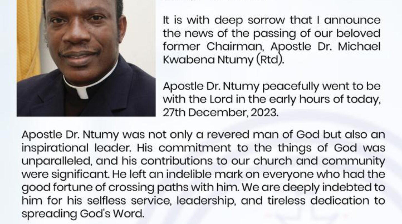 OFFICIAL:Former Chairman of the church of Pentecost,Apostle Michael Ntumy passes On