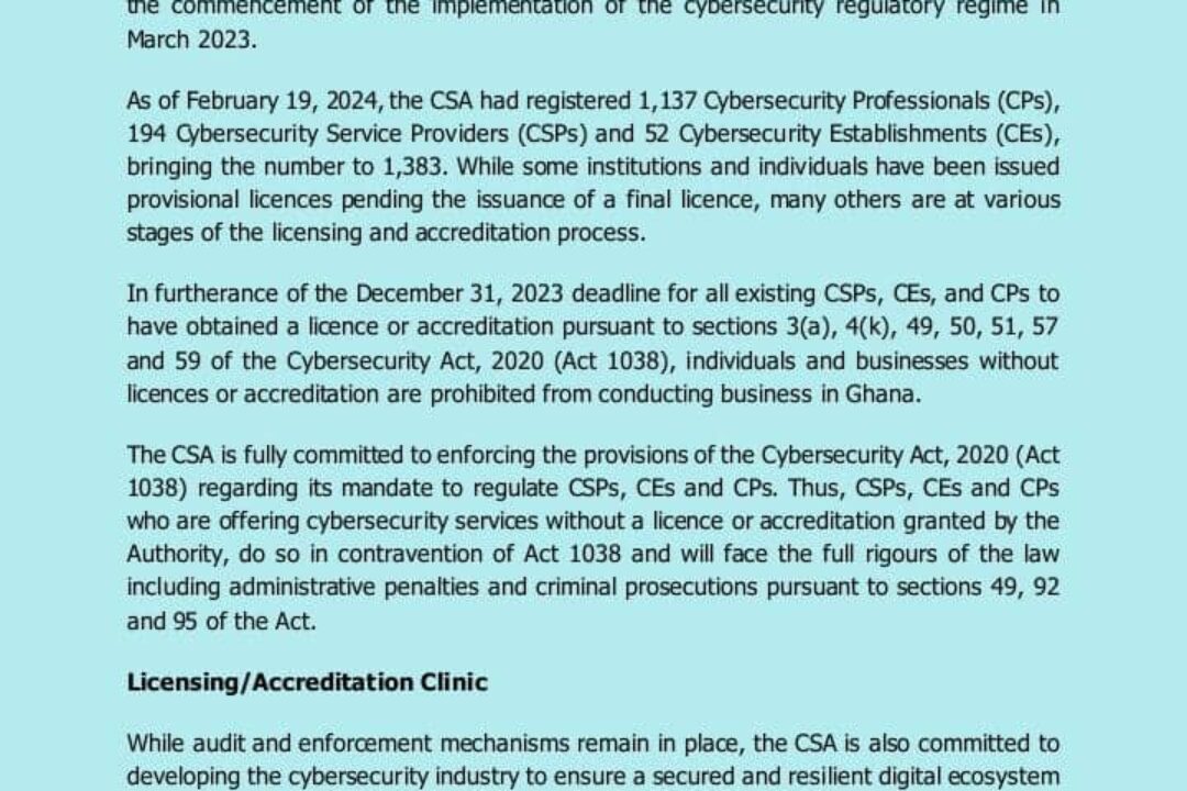 ABOUT 1,400 INSTITUTIONS AND INDIVIDUALS SEEK LICENCES/ACCREDITATIONS FROM CYBER SECURITY AUTHORITY (CSA)