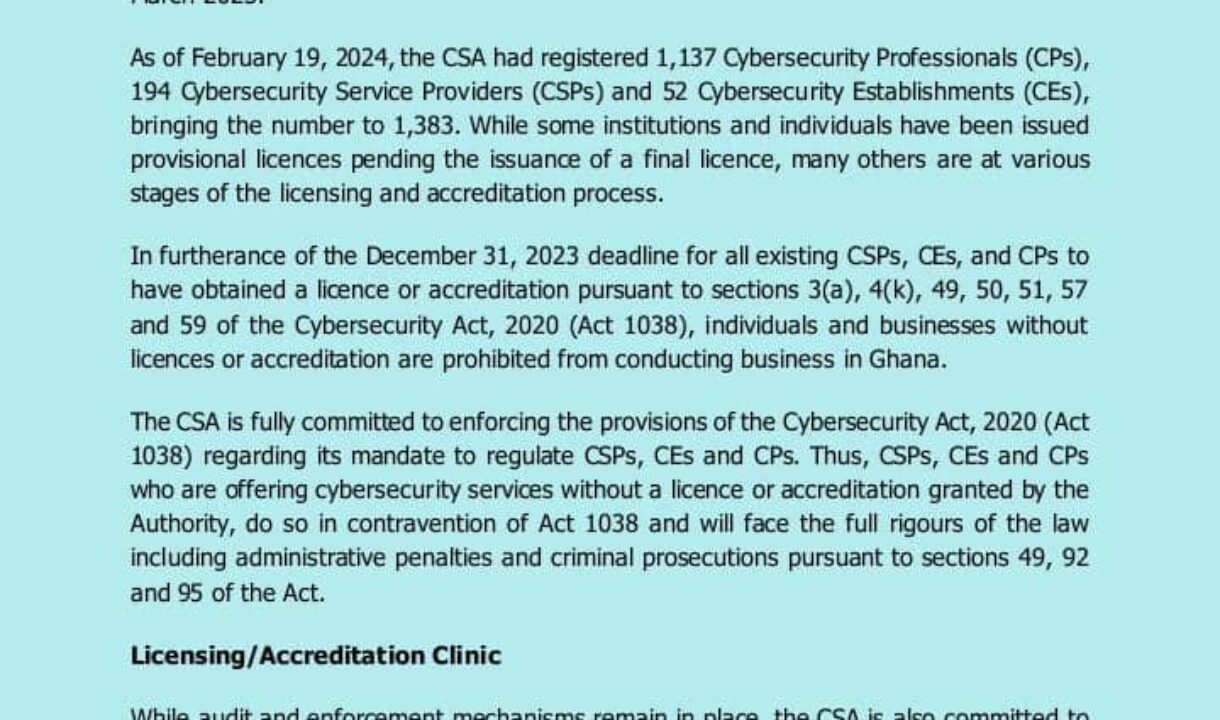 ABOUT 1,400 INSTITUTIONS AND INDIVIDUALS SEEK LICENCES/ACCREDITATIONS FROM  CYBER SECURITY AUTHORITY (CSA)
