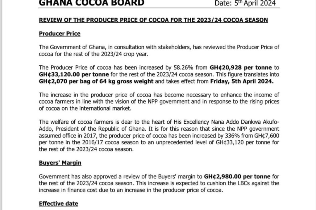 Statement:COCOABOD Increases Producer Price of Cocoa by 58.26%