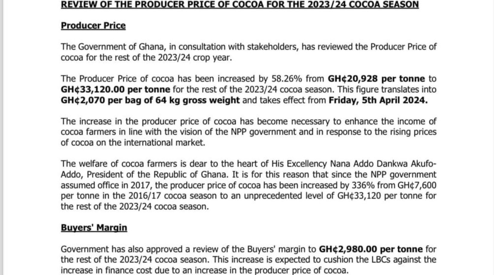 Statement:COCOABOD Increases Producer Price of Cocoa by 58.26%