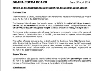 Statement:COCOABOD Increases Producer Price of Cocoa by 58.26%