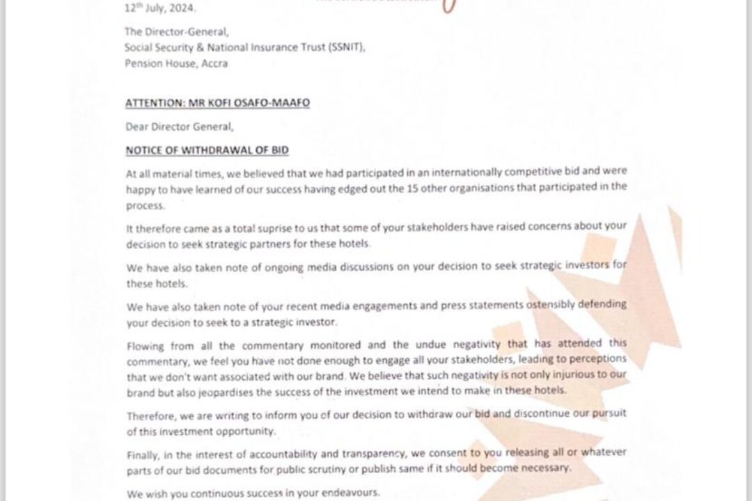 Breaking news:Rock City withdraws bid to purchase SSNIT Hotels