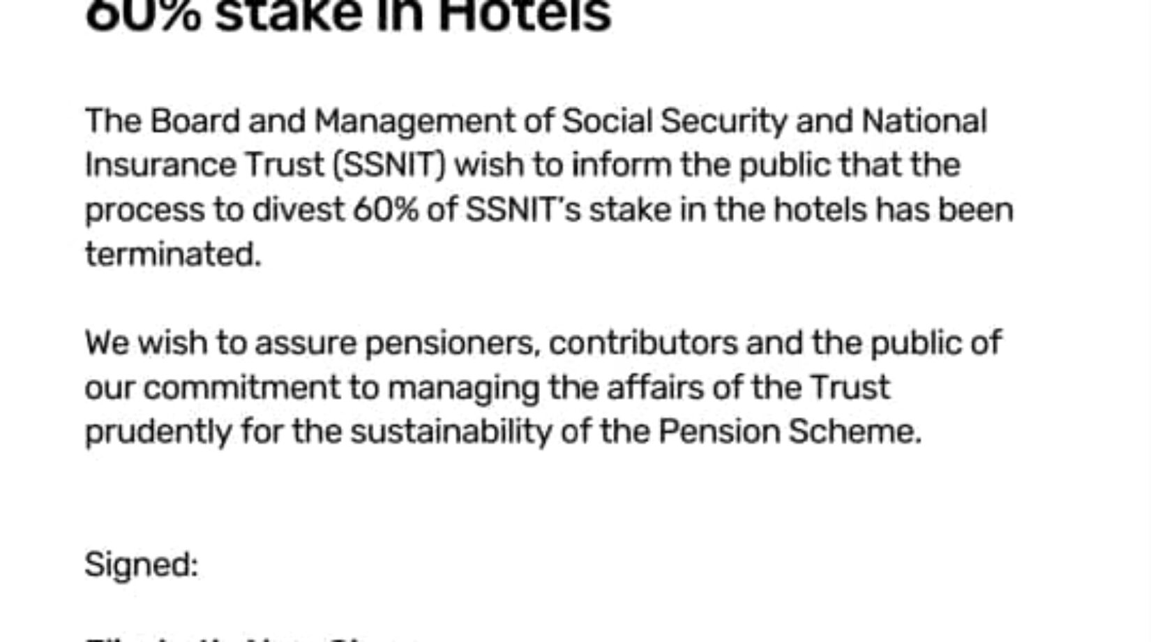 At long last:SSNIT terminates sale of 60% stake in hotels as labour unrest looms