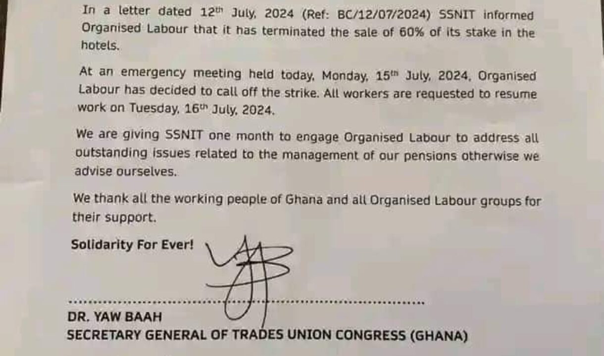 Organised labour makes U-turn, suspends strike over SSNIT hotels sale