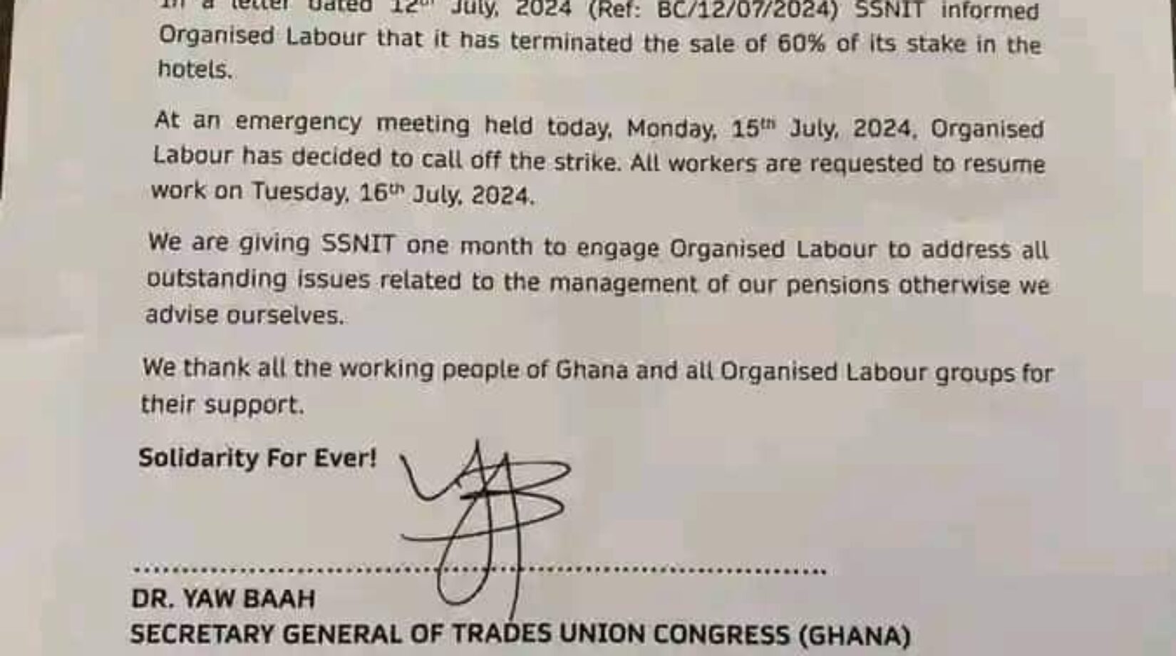 Organised labour makes U-turn, suspends strike over SSNIT hotels sale