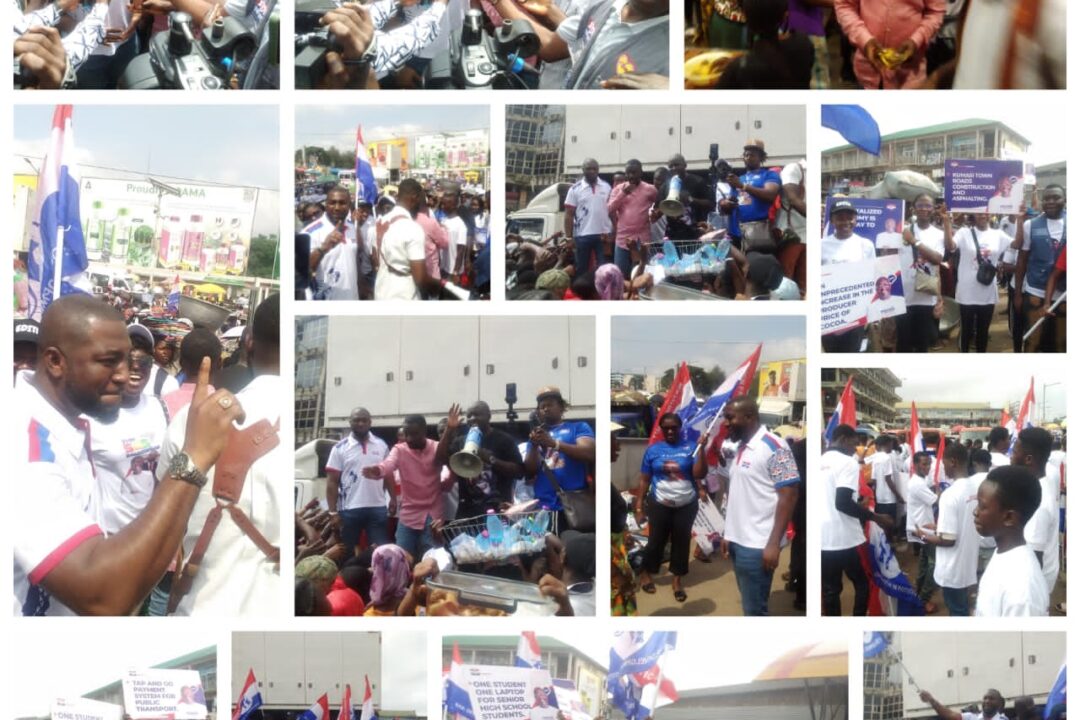 Miracles Aboagye, Deputy MASLOC CEO, some free SHS graduates invade Kejetia to rally support for Dr. Bawumia