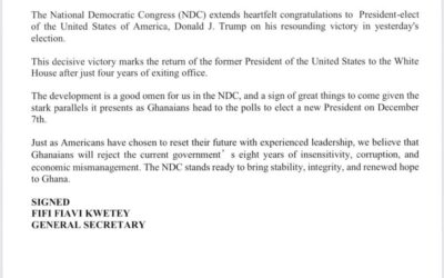 NDC CONGRATULATES DONALD J. TRUMP, PRESIDENT-ELECT OF THE UNITED STATES OF AMERICA