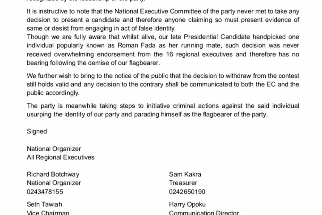 RE: GFP HAS NOT FILED ANY NOMINATIONS AT THE EC