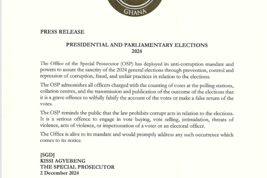 OSP cautions Ghanaian voters against corrupt acts in December 7 polls